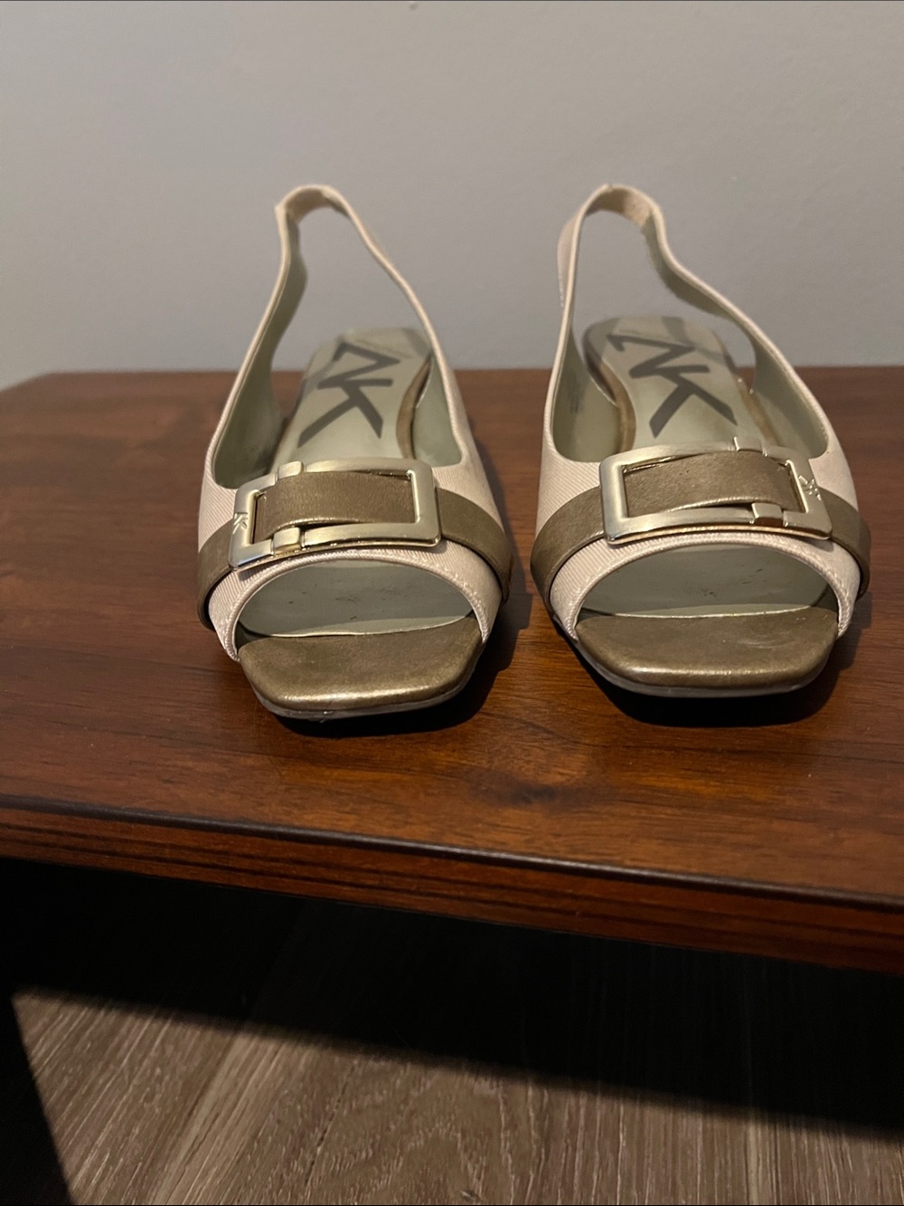 Anne Klein Cream and Gold Slingback Peep-Toe Flats
